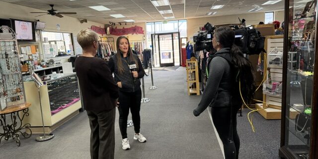 Sue filming President Sue Boon is interviewed by KOLO 8.